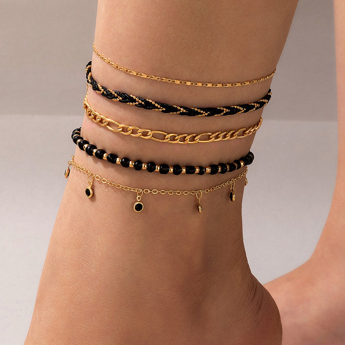 Black String and Beaded Multi-Layer Anklets - Boho Beach Foot Jewelry Set