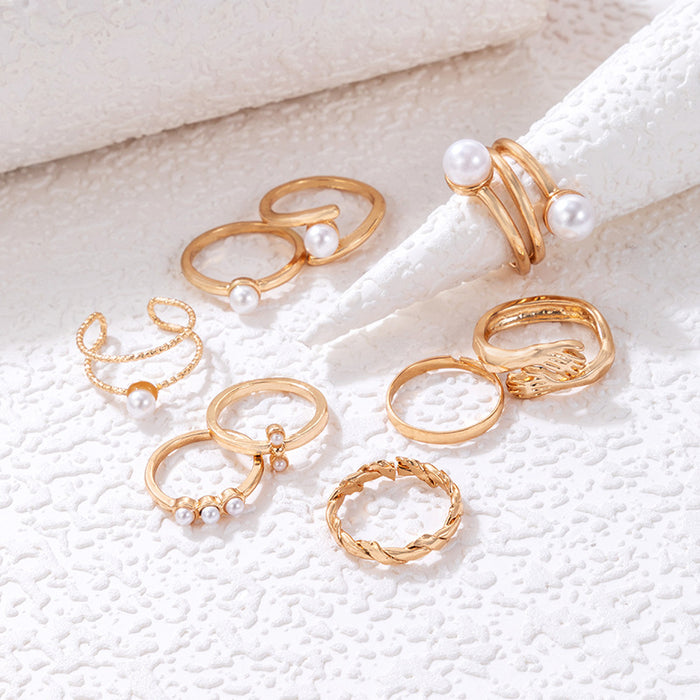 Elegant Pearl Ring Set - 9-Piece Geometric Twisted Hand Rings