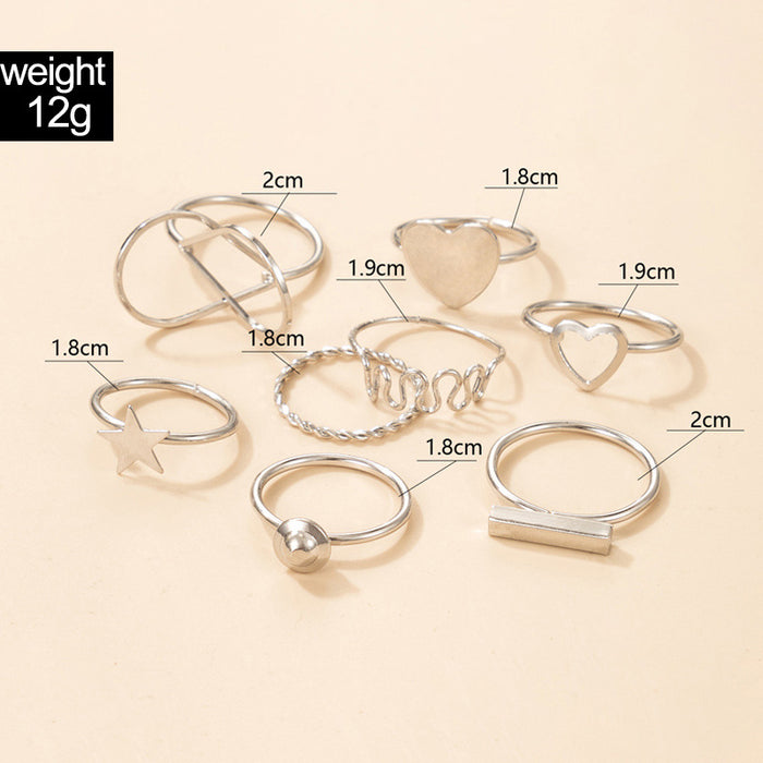 Thin Line Heart Pentagram 8-piece Geometric Ring