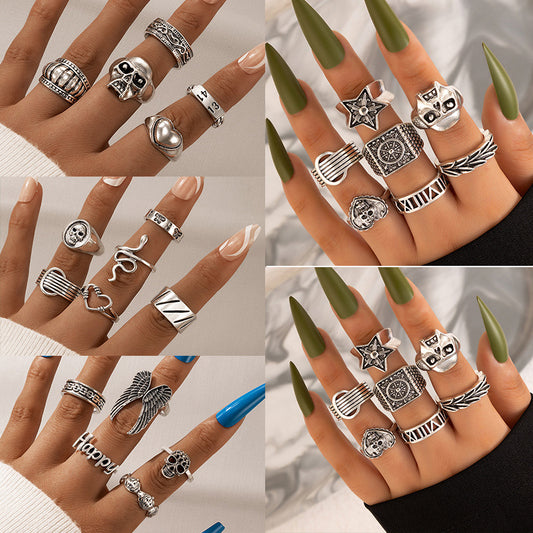 Punk style skull pentagram heart Halloween seven-piece ring