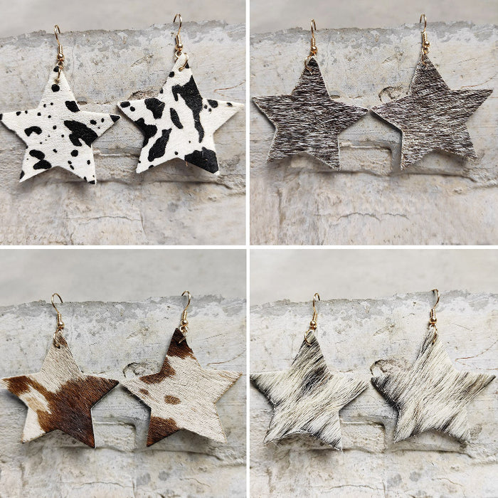 Western Long Hair Leather Star Earrings with Texas Wild Style