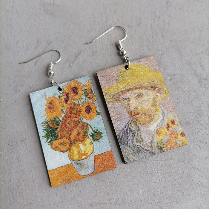 Artistic Asymmetric Earrings with Starry Night and Sunflower Designs