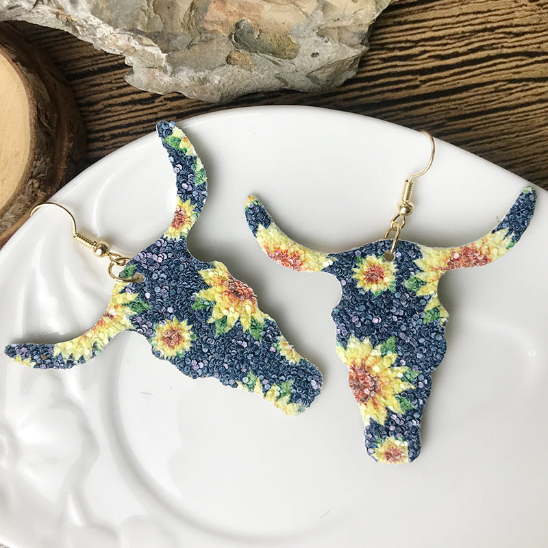 Bohemian Sunflower and Cowhead Earrings with Texas Map and Bottle Pendant