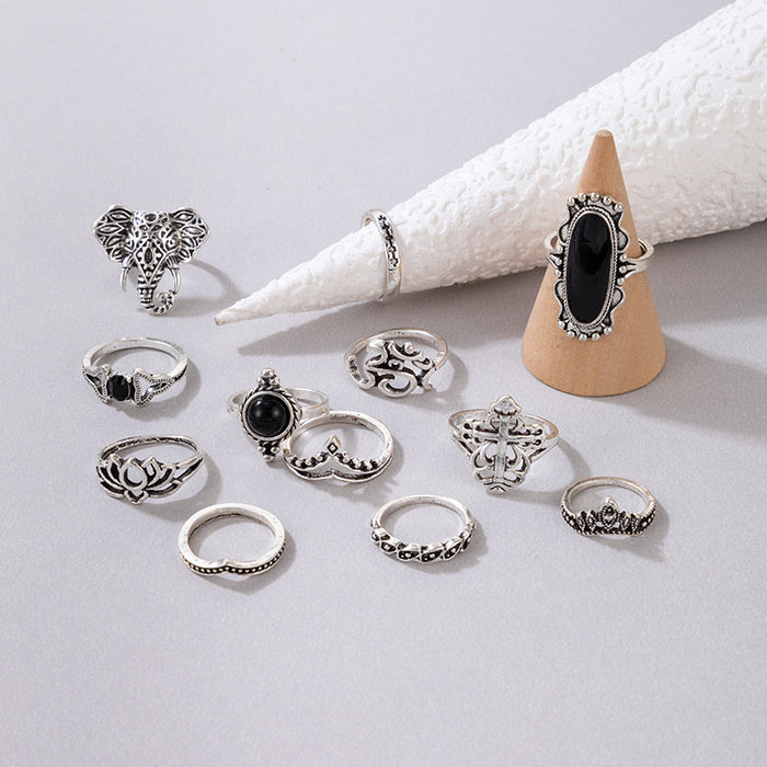 Vintage Lotus Animal Geometric Rings - 12pcs Set