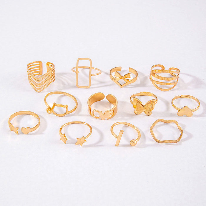 Butterfly Open Multi-Finger Ring Set - 12pcs Heart Letter Rings