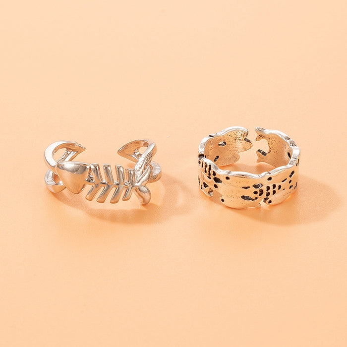 Personalized fishbone ring set, geometric irregular small fish open ring two-piece set