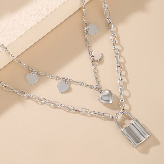 Lock Heart Pendant Double-Layer Necklace - Geometric Heart Chain Multilayer Choker