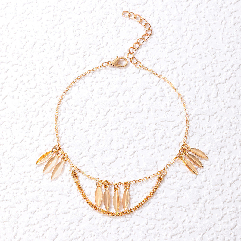 Leaf Disc Single-Layer Anklet with Geometric Bead and Tassel Design