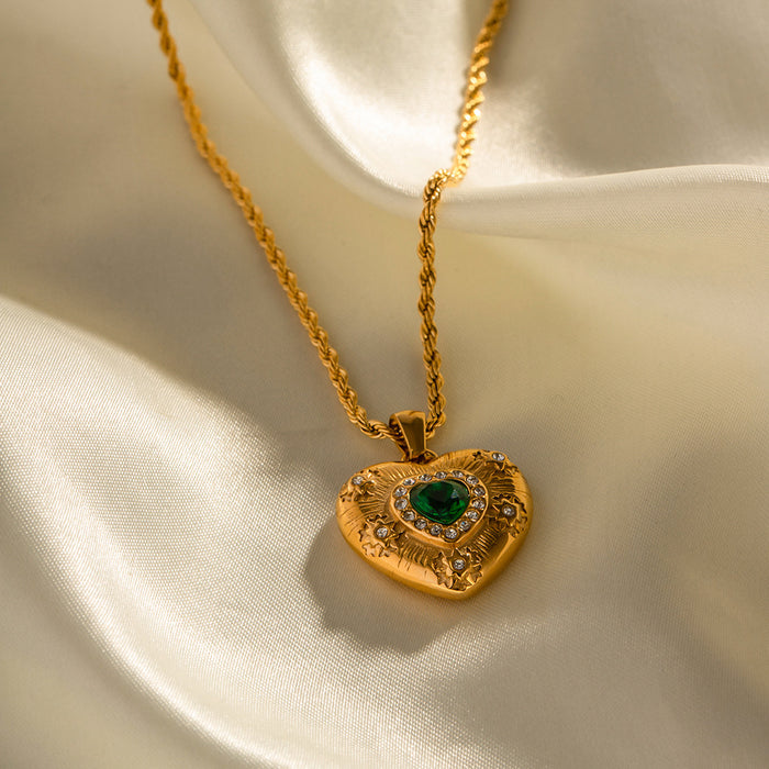 18K Gold-Plated Stainless Steel Zircon Necklace - Vintage Heart Pendant Titanium Steel Jewelry for Women - wallojewerly 