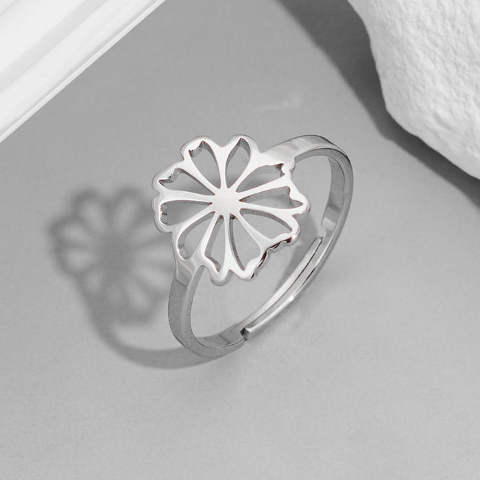 Anillo pequeño con flores frescas, anillo hueco abierto de acero inoxidable de estilo japonés y coreano al por mayor