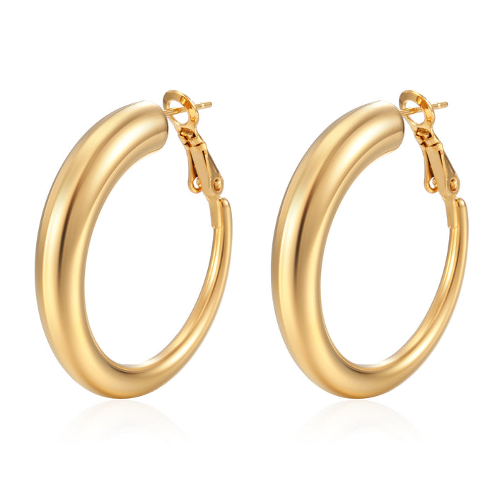 Stainless steel women's round real gold 18K oval light luxury hollow earrings