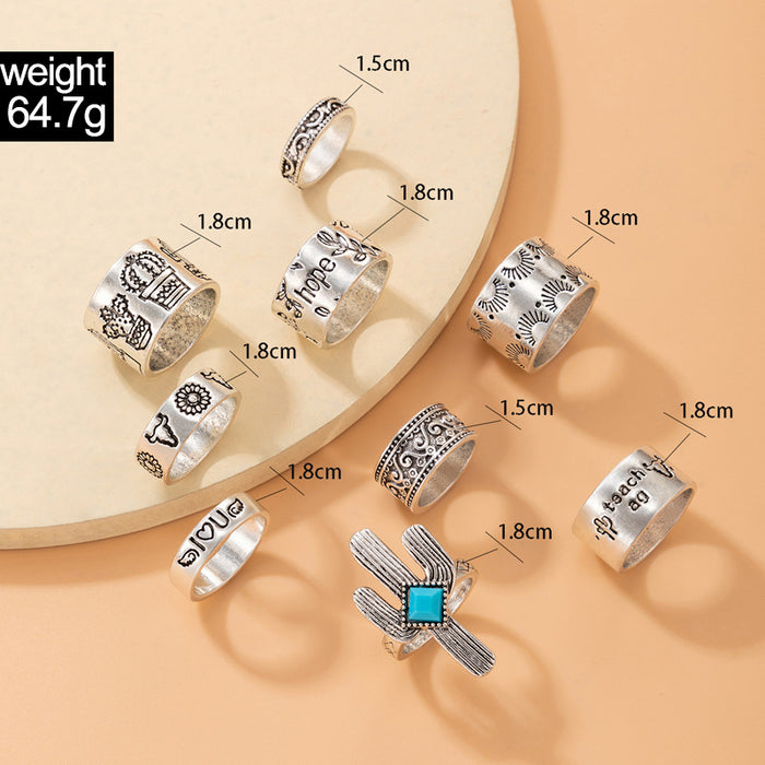 Imitation Blue Turquoise Cactus Bull Head Ring 9-piece Set