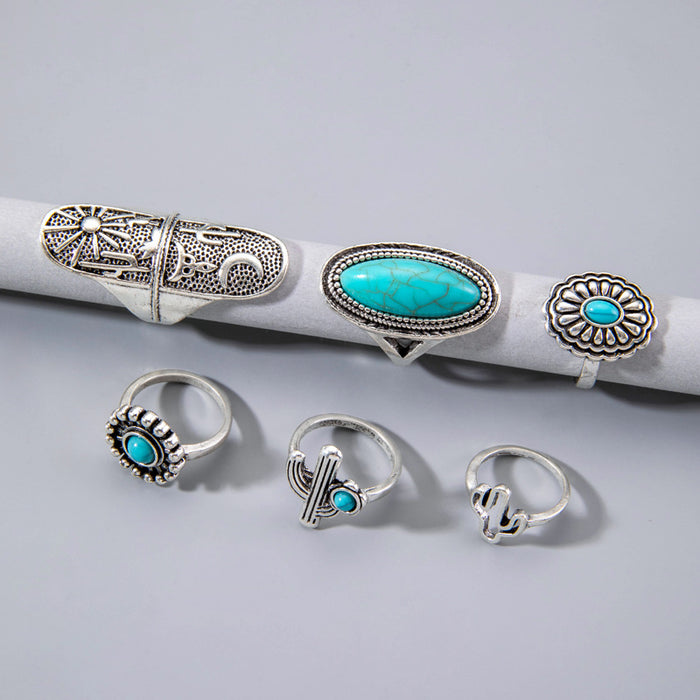 Turquoise Ring Set - 6pcs Vintage Cactus Moon Knuckle Rings