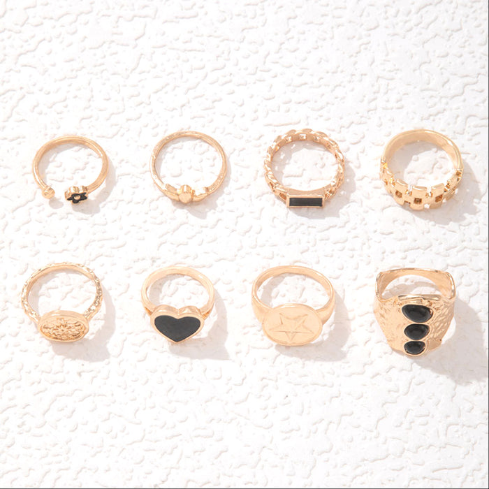 Dark Vintage Metal Love Heart Oil Drop Eight-Piece Ring Set