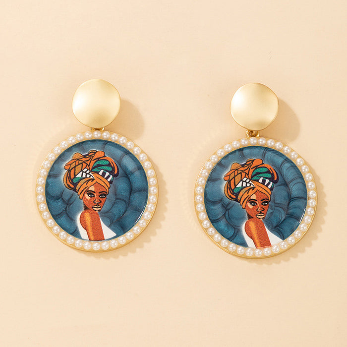 Pearl alloy round earrings DIY African head portrait handmade jewelry