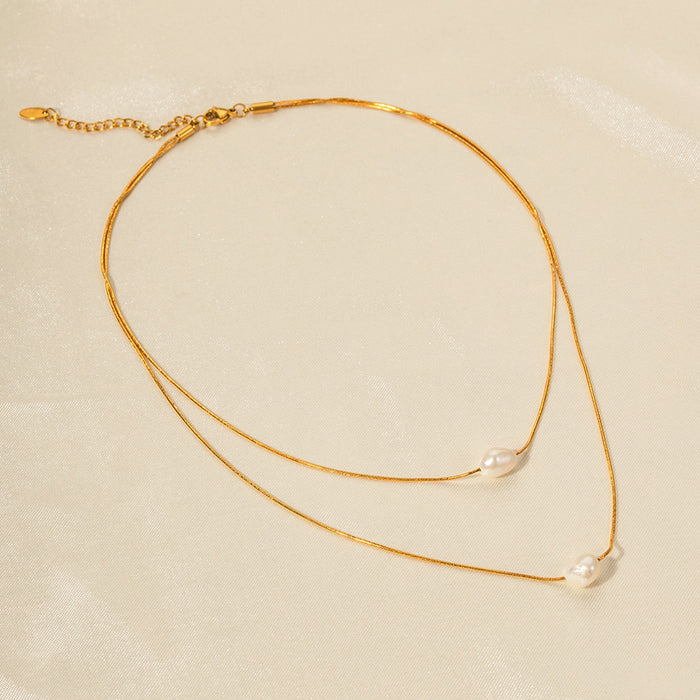 18K Gold-Plated Stainless Steel Pearl Necklace - Trendy Design with Freshwater Pearls and Non-Fading Chain