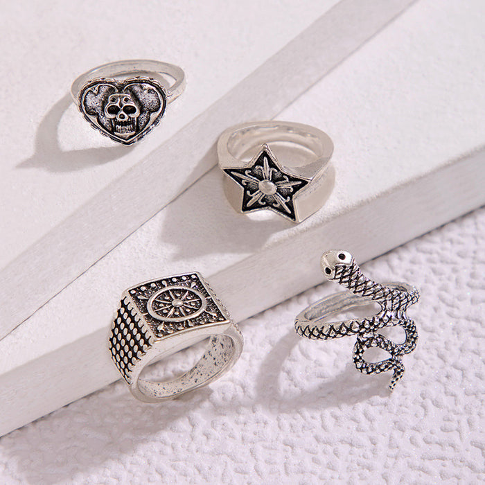 Star Heart Skull Snake Four-Piece Ring Set