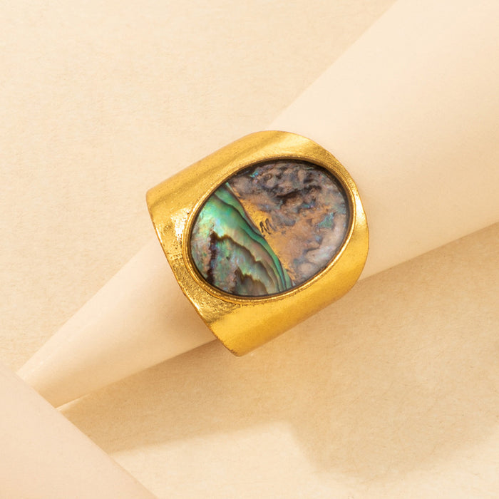 Ethnic alloy oval inlaid ring, irregular colorful shell pattern