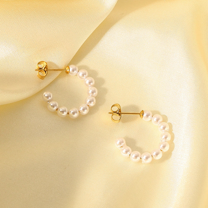 French Style 18K Gold Plated Stainless Steel Pearl Hoop Earrings - Trendy Elegant Jewelry