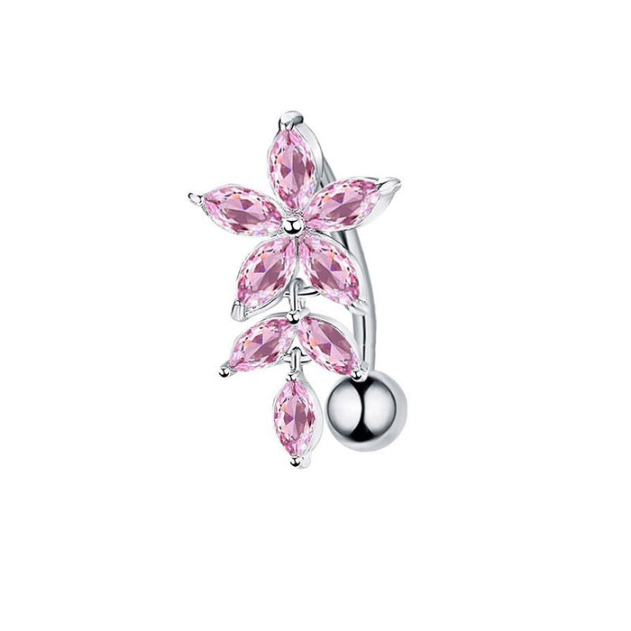 Pink Stainless Steel Zircon Double Heart Curved Barbells for Navel - wallojewerly 