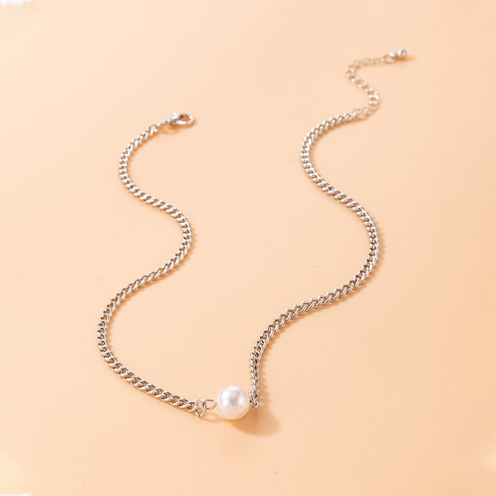 Simple Pearl Pendant Necklace - Geometric Chain with Irregular Details