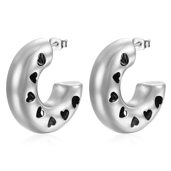 Hollow heart C-shaped earrings, simple retro trend stainless steel 18K earrings