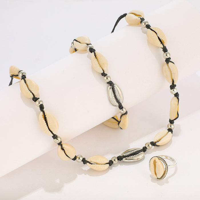 Conjunto de collar y pulsera de conchas bohemias: joyería con cordón geométrico