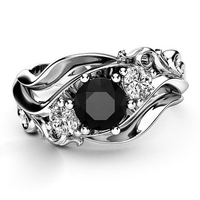 Anillo de circonita negra con flor de moda, anillo exquisito