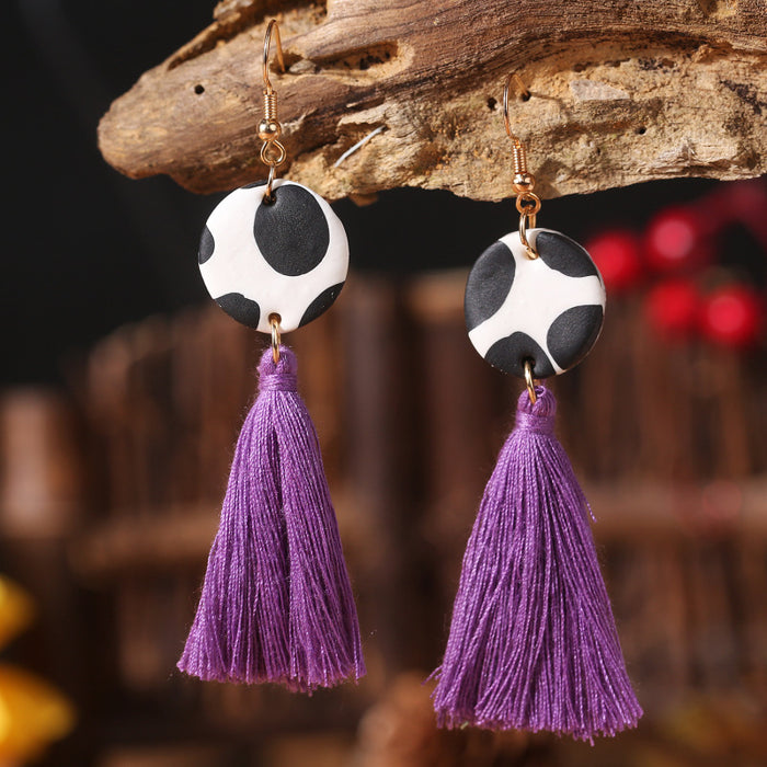 Western Cow Print Tassel Earrings with Soft Clay Design