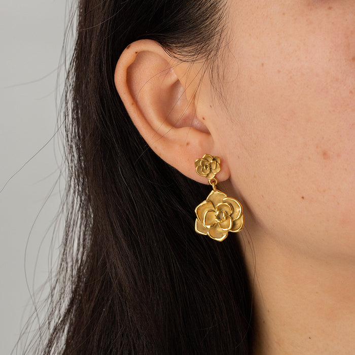 18K Gold Plated Stainless Steel Rose Flower Drop Earrings - Tarnish-Resistant Fashion Jewelry