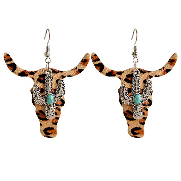 Classic Leopard Print Bullhead Earrings with Cowhide Leather and Cactus Design