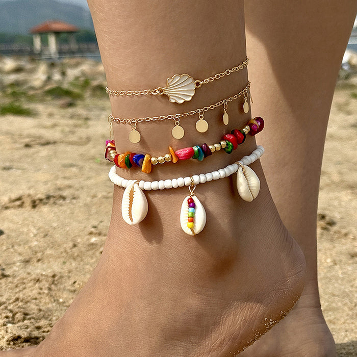 Juego de tobilleras con cuentas de estrellas de mar y conchas bohemias - Pulseras de tobillo Beach Vibes