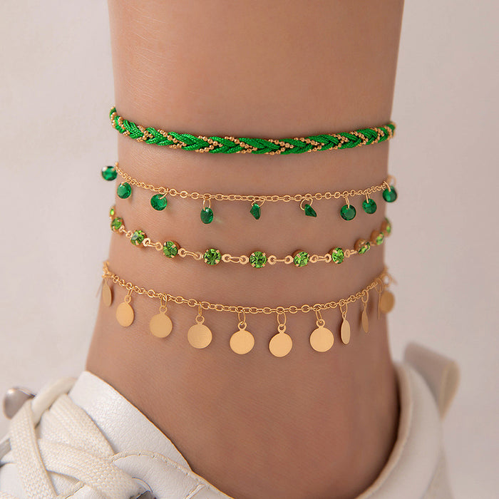 Green Rhinestone Tassel Anklet Set - Multilayer Boho Style Jewelry