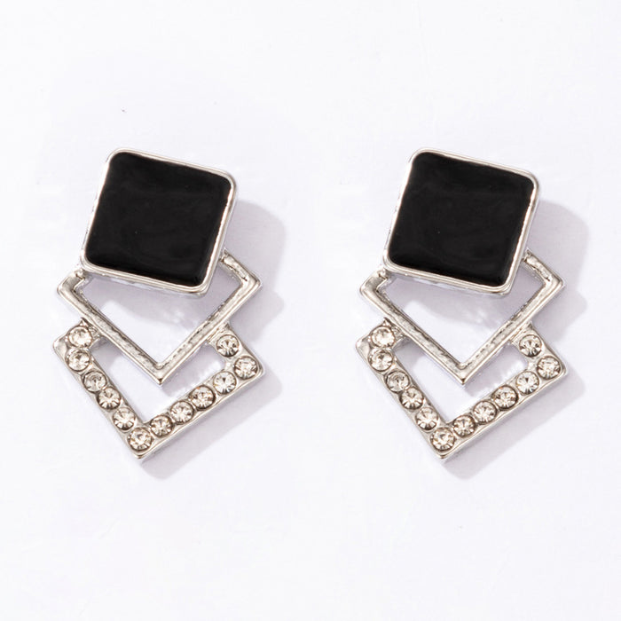 Multi-layered black diamond-shaped squares with diamonds and oil-drop small stud earrings