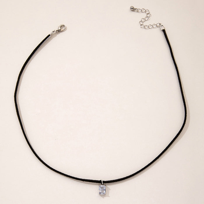 Black Rope Choker Necklace with Square Pendant - Simple and Versatile Accessory