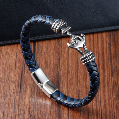 Bracelet Stainless Steel Anchor Vintage Braided Genuine Leather - wallojewerly 