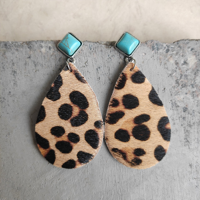 Leopard Print Cowhide Leather Teardrop Earrings with Turquoise Studs