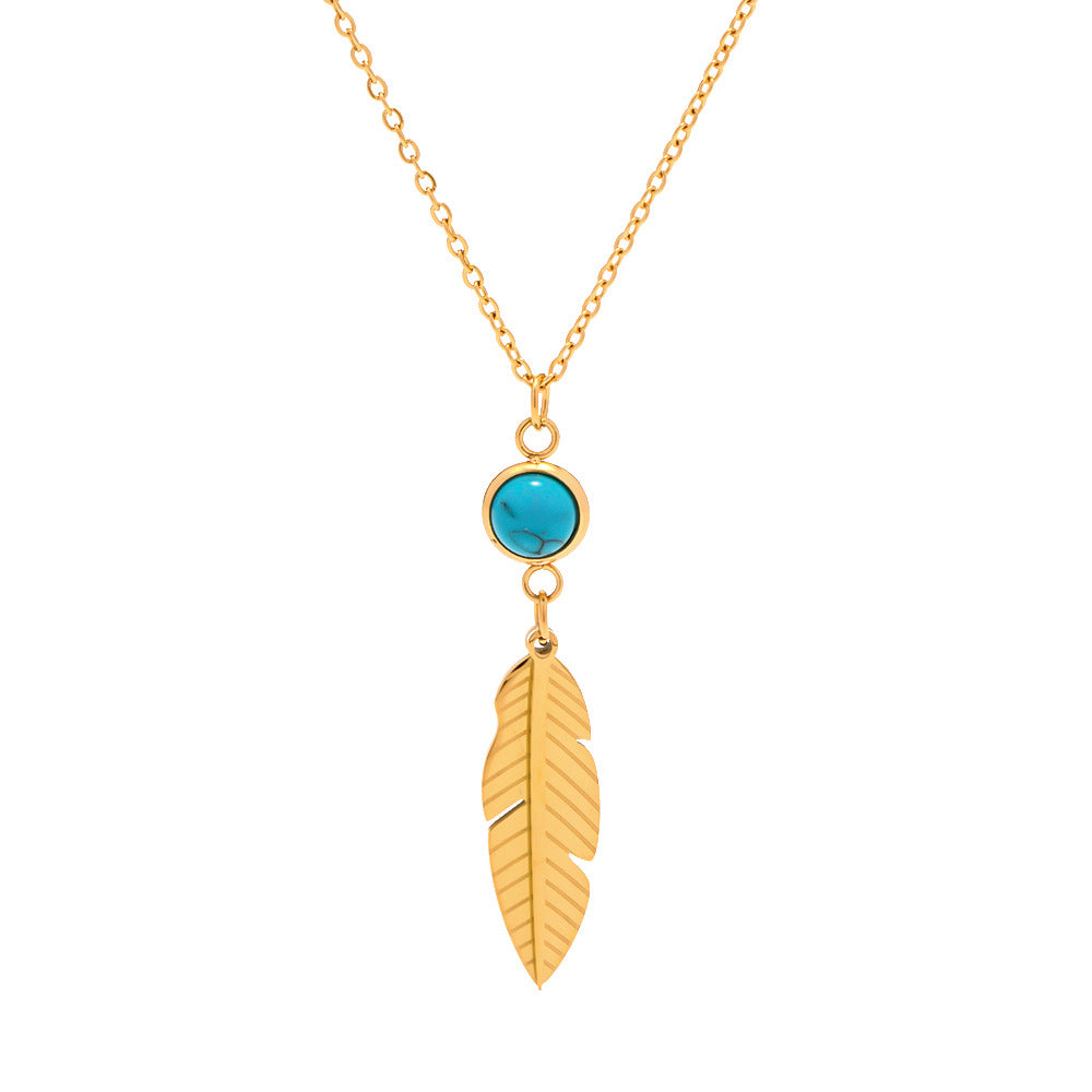 Stainless Steel Feather Pendant Necklace with Turquoise Inlay - Trendy Women's Fashion