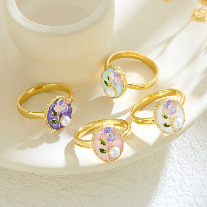 Wholesale copper micro-inlaid enamel painted drip flower open ring