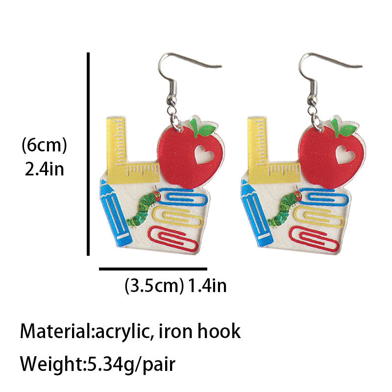 Cute Pencil, Apple, and Caterpillar Earrings with Friday Teacher Gift Theme