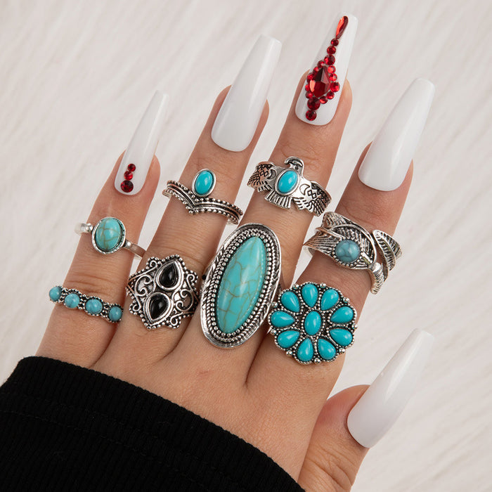 Juego de anillos étnicos tallados con plumas de turquesa: 8 anillos elegantes