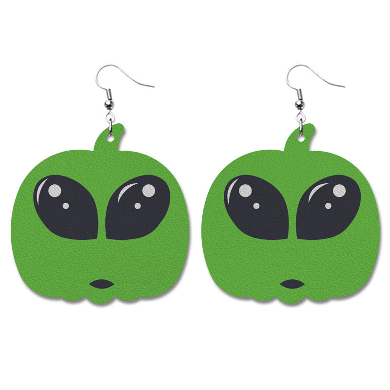 Creative Halloween PU Leather Earrings with Pumpkin and Bat Design - wallojewerly 