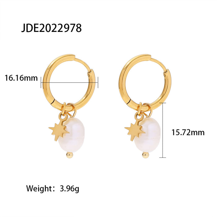 18K Gold Plated Natural Freshwater Pearl Star Earrings - Stainless Steel Hoop Earrings