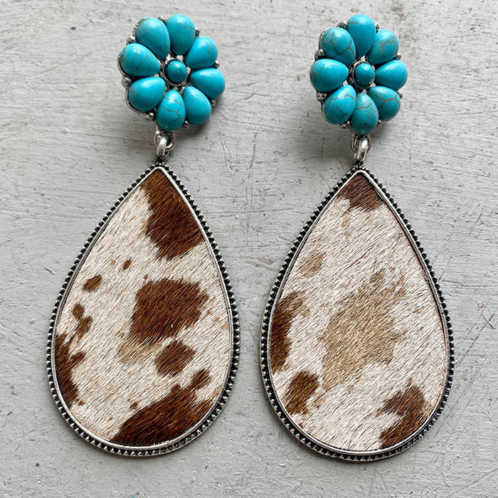 Western Animal Print Leather Earrings with Bohemian Style and Turquoise Pumpkin Flower Design