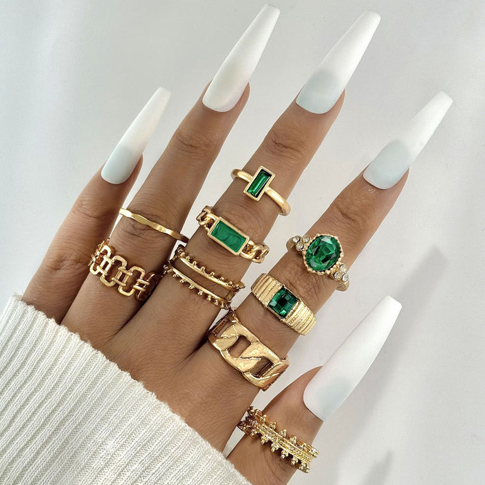 French Vintage Faux Emerald Stone Joint Ring Set – Unique Geometric Rings, 9-Piece Collection