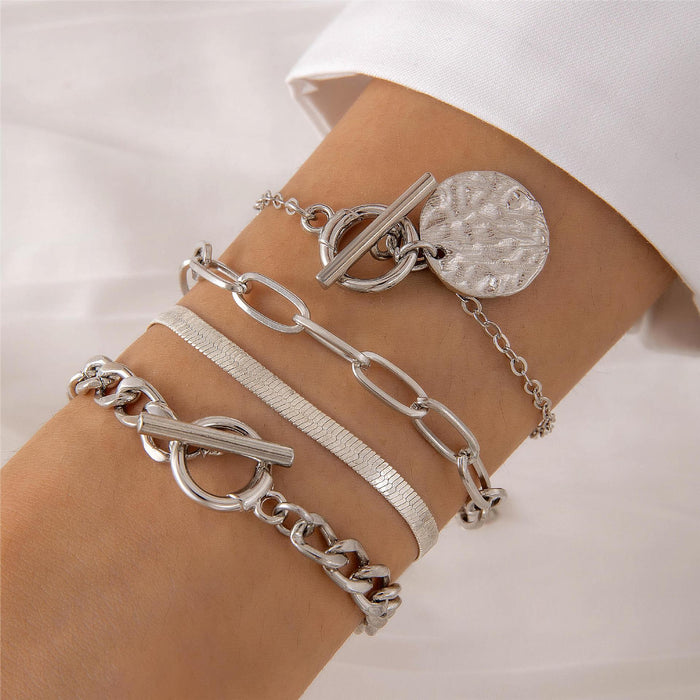 Punk Lock Heart Multi-Layer Bracelet Set - Cold-Tone Geometric OT Buckle Chain Jewelry