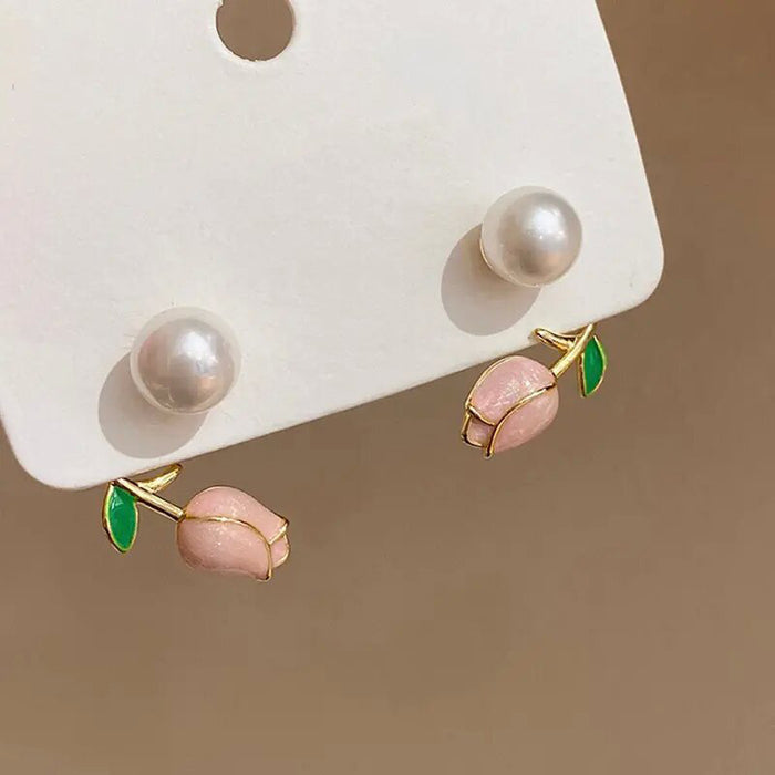 Pendientes de moda con forma de tulipán y clip de perlas de imitación