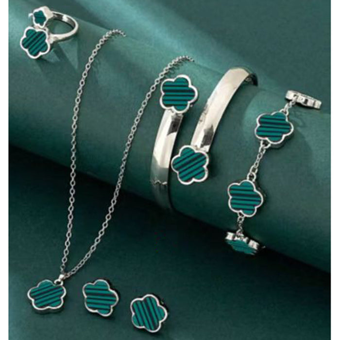 Wholesale 5-piece set of five-petal flower necklace, bracelet, bangle, earrings, and ring - wallojewerly 