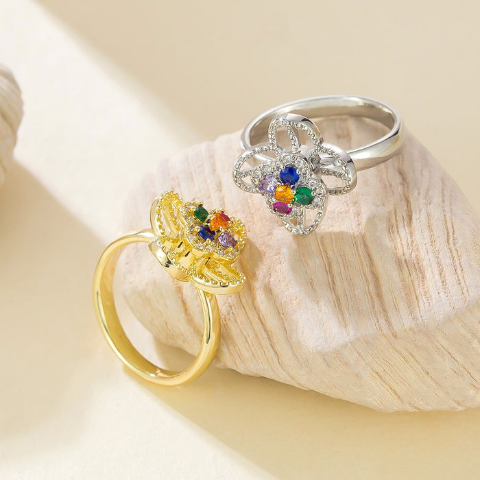 Wholesale copper micro-set colored zircon four-leaf clover flower rotating open ring