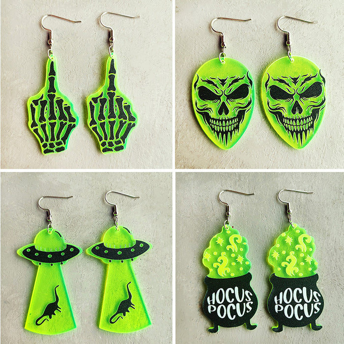 Halloween Skull Alien UFO Witch Furnace Fluorescent Acrylic Earrings - wallojewerly 